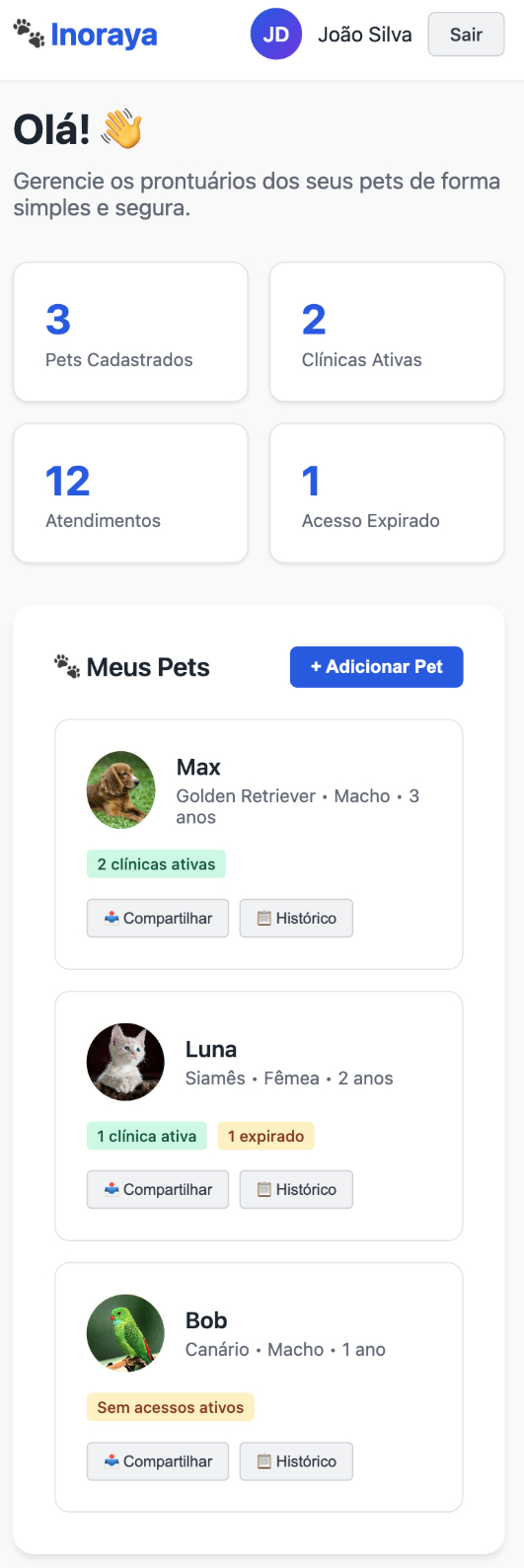 Tela do app Inoraya